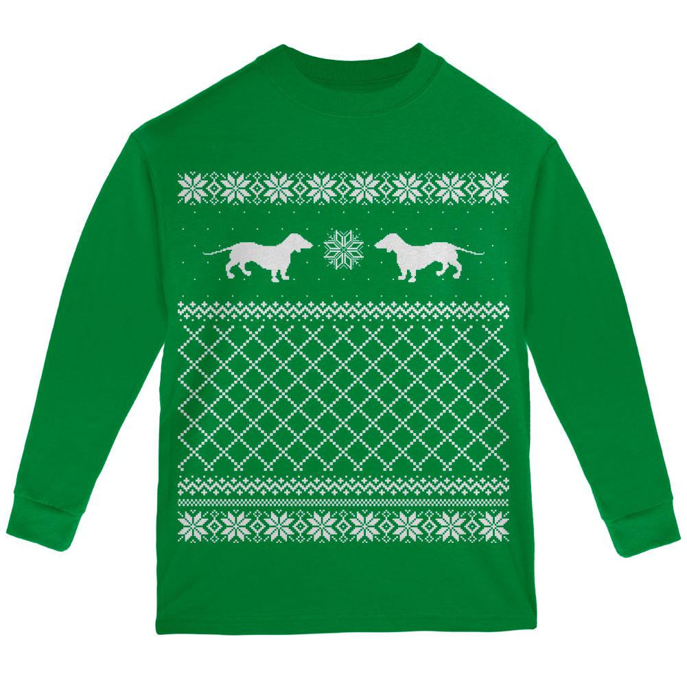 Dachshund Ugly Christmas Sweater Green Youth Long Sleeve T-Shirt Long Sleeve T-Shirts Old Glory
