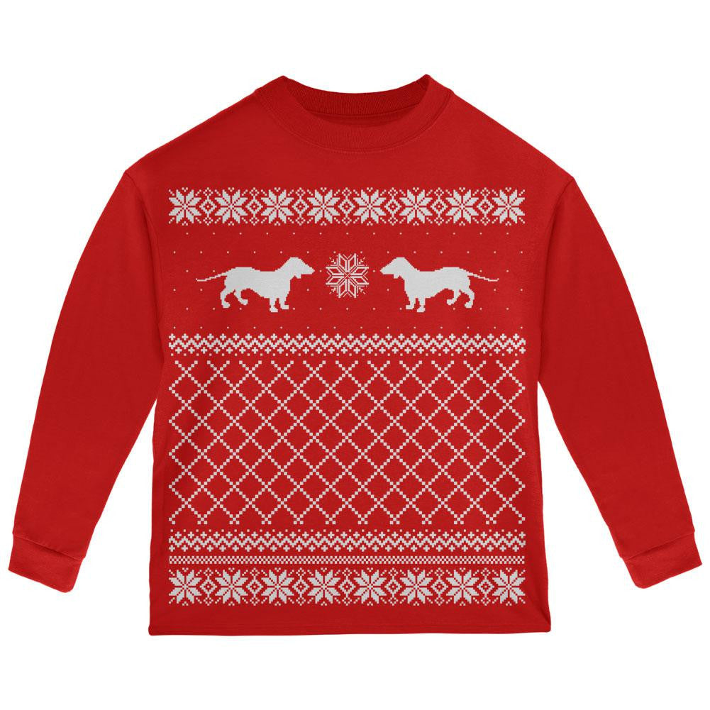 Dachshund Ugly Christmas Sweater Green Youth Long Sleeve T-Shirt Long Sleeve T-Shirts Old Glory
