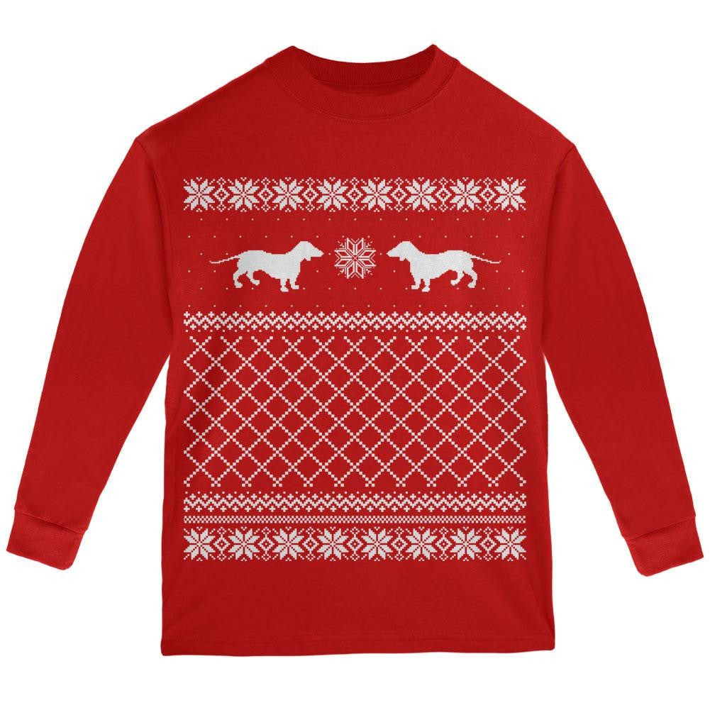 Dachshund Ugly Christmas Sweater Green Youth Long Sleeve T-Shirt Long Sleeve T-Shirts Old Glory