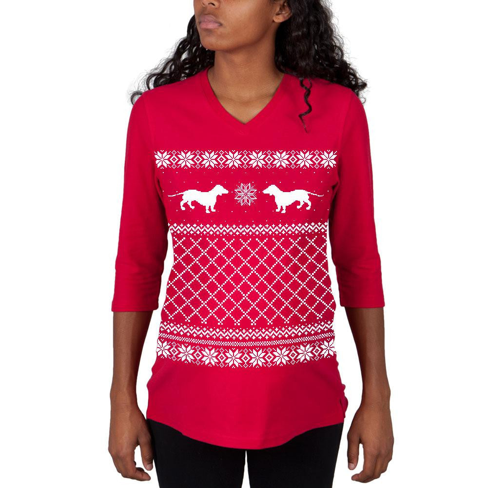 Dachshund Ugly Christmas Sweater Red Maternity 3/4 sleeve T-shirt Men's T-Shirts Old Glory