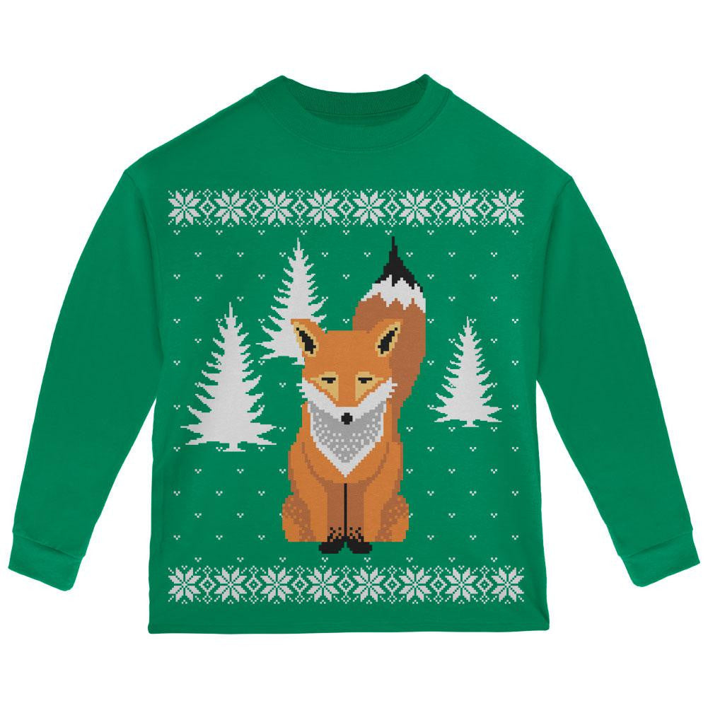 Big Fox Ugly Christmas Sweater Green Toddler Long Sleeve T-Shirt Long Sleeve T-Shirts Old Glory 2T Green