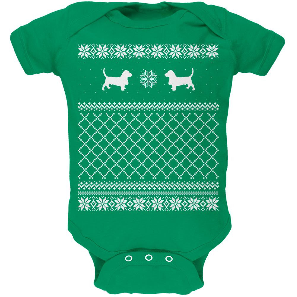 Basset Ugly Christmas Sweater Kelly Green Soft Baby One Piece Baby One Piece Old Glory
