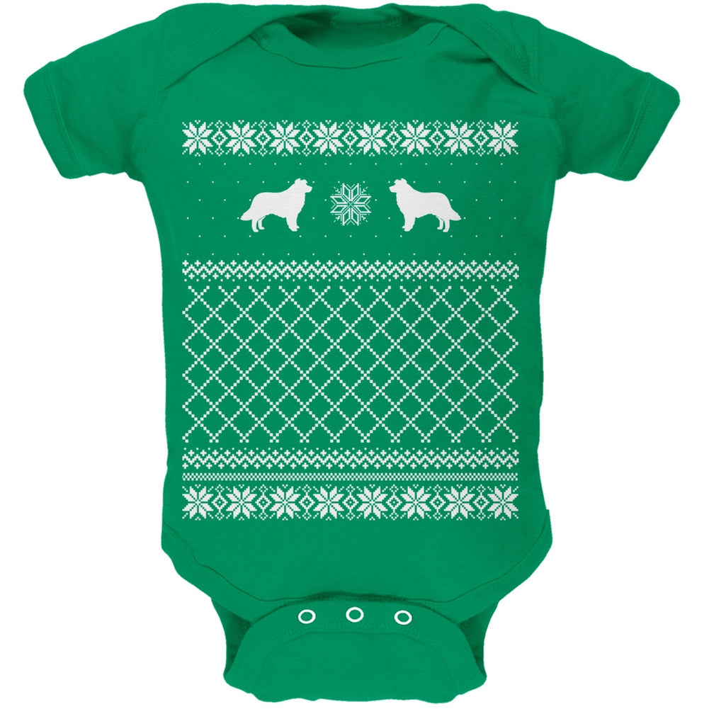 Border Collie Ugly Christmas Sweater Kelly Green Soft Baby One Piece Baby One Piece Old Glory