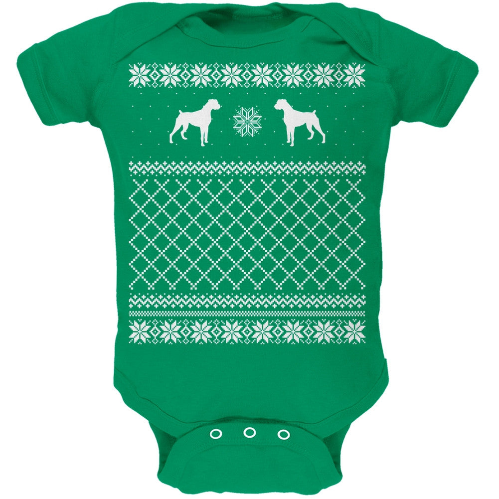 Boxer Ugly Christmas Sweater Kelly Green Soft Baby One Piece Baby One Piece Old Glory