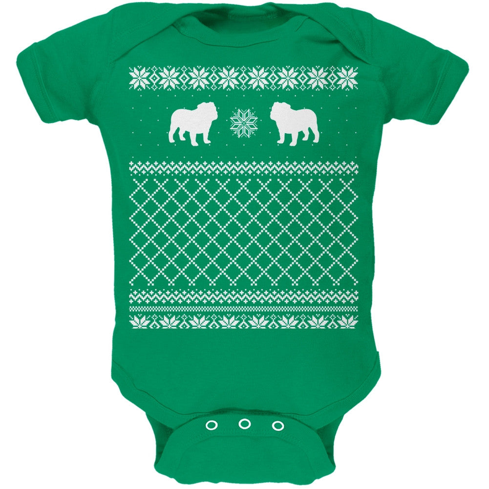 Bulldog Ugly Christmas Sweater Kelly Green Soft Baby One Piece Baby One Piece Old Glory