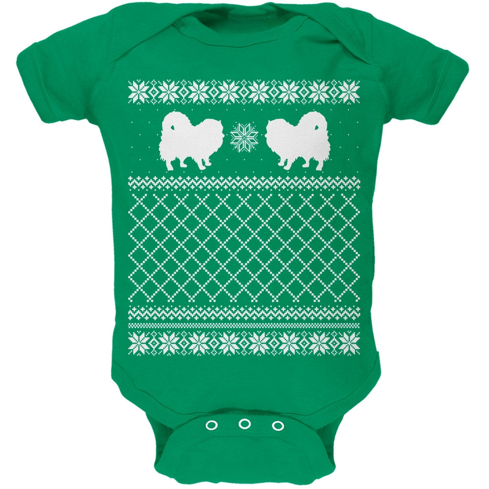 Pomeranian Ugly Christmas Sweater Kelly Green Soft Baby One Piece Baby One Piece Old Glory