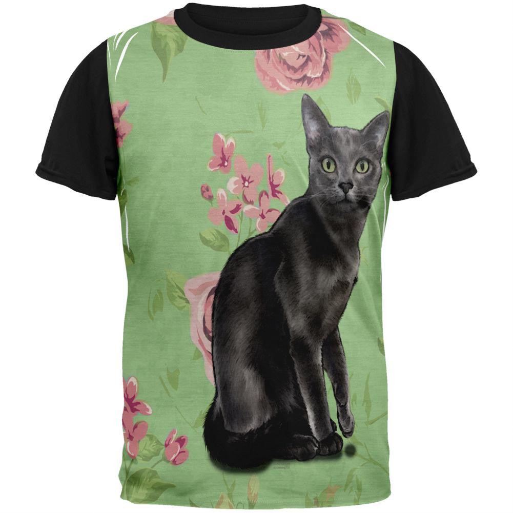 Green Eyed Grey Kitty Adult Black Back T-Shirt Men's T-Shirts Old Glory