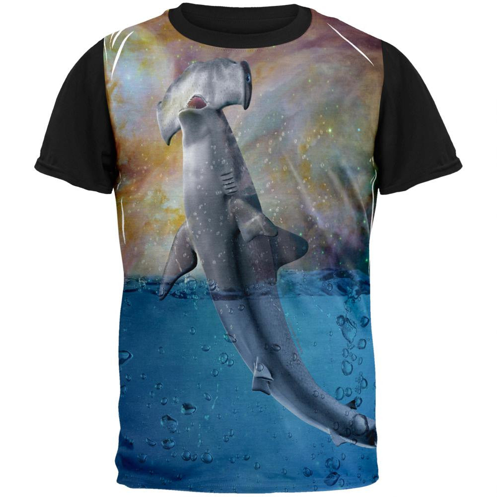 Hammer Head Space Shark Breaching Adult Black Back T-Shirt Men's T-Shirts Old Glory