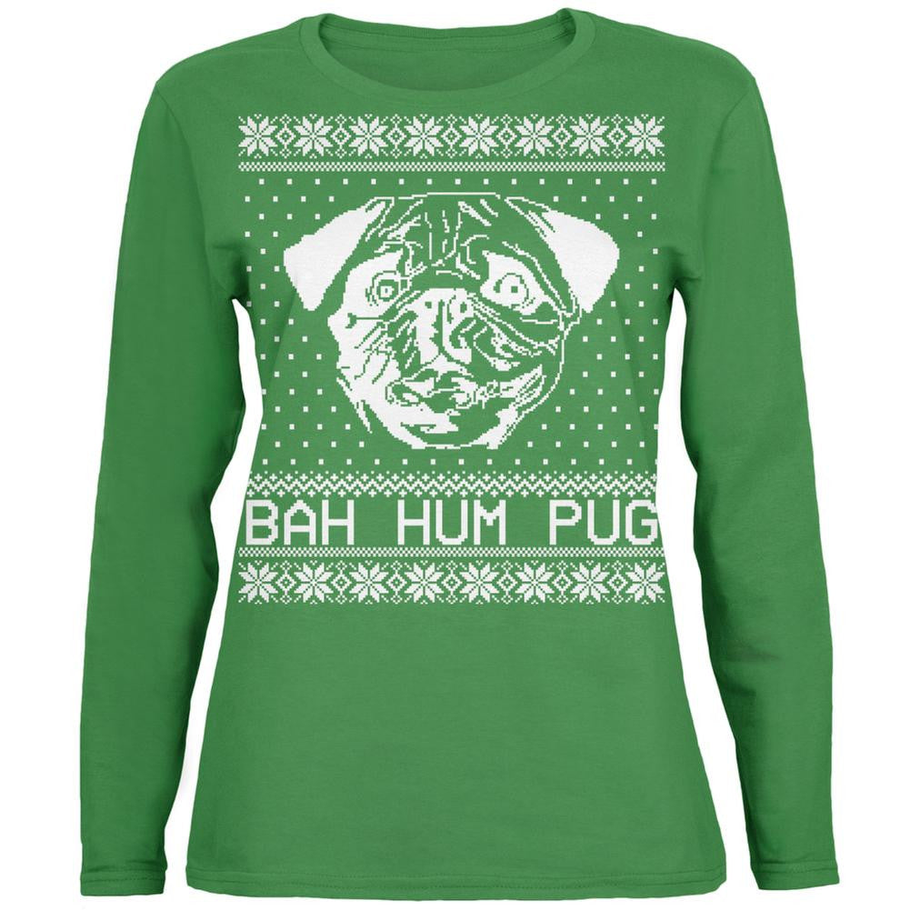 Christmas Bah Hum Pug Green Womens Long Sleeve T-Shirt Long Sleeve T-Shirts Old Glory