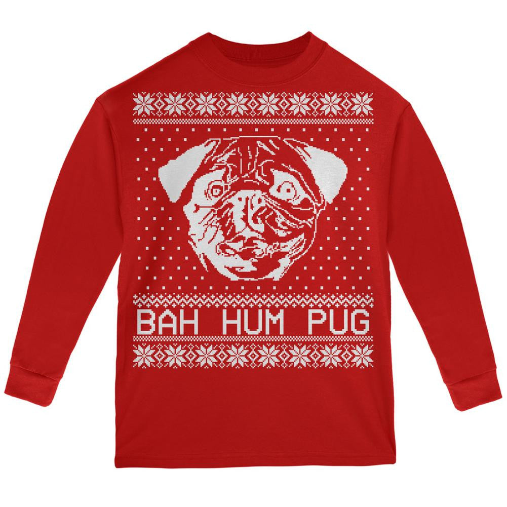 Christmas Bah Hum Pug Green Womens Long Sleeve T-Shirt Long Sleeve T-Shirts Old Glory