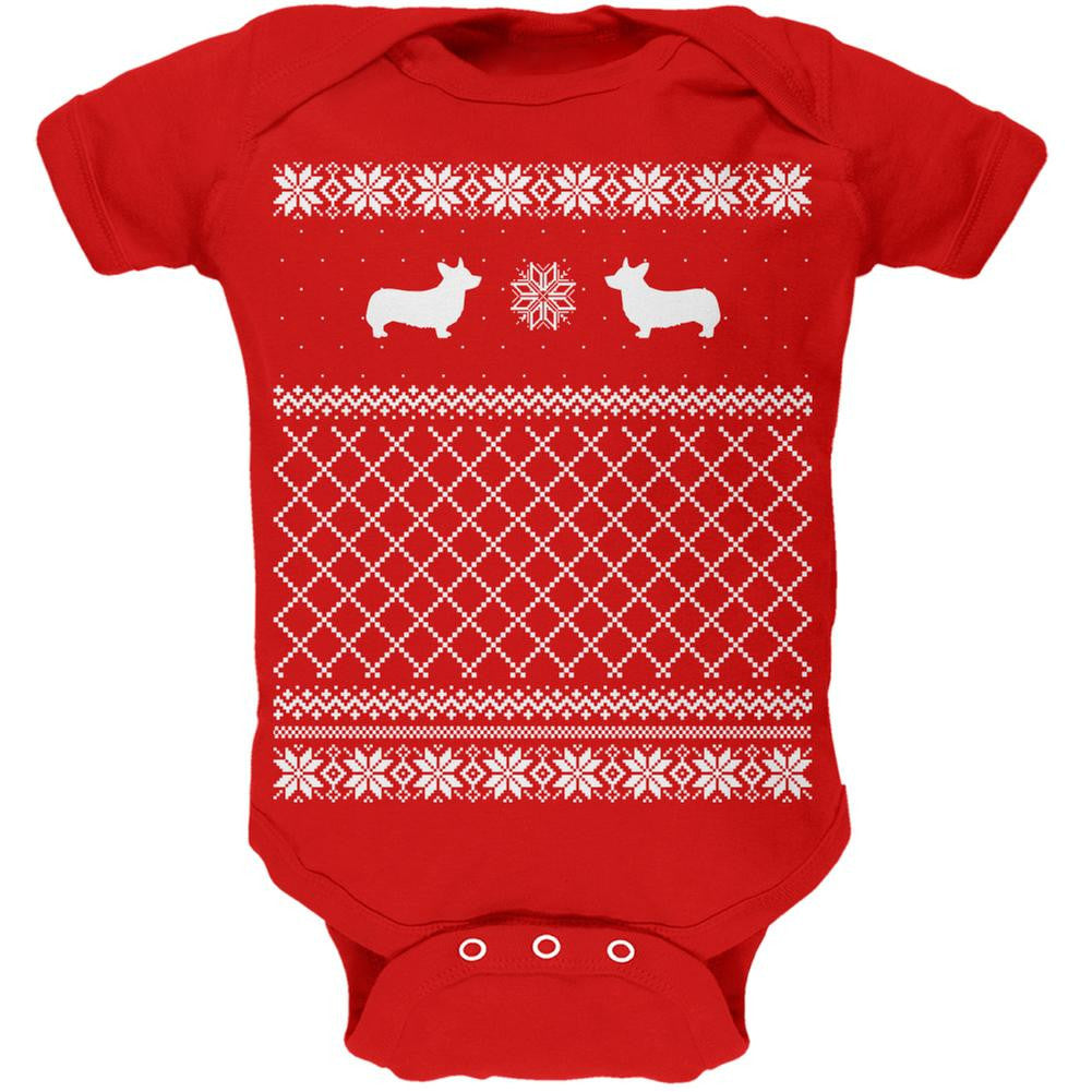 Corgi Ugly Christmas Sweater Kelly Green Soft Baby One Piece Baby One Piece Old Glory