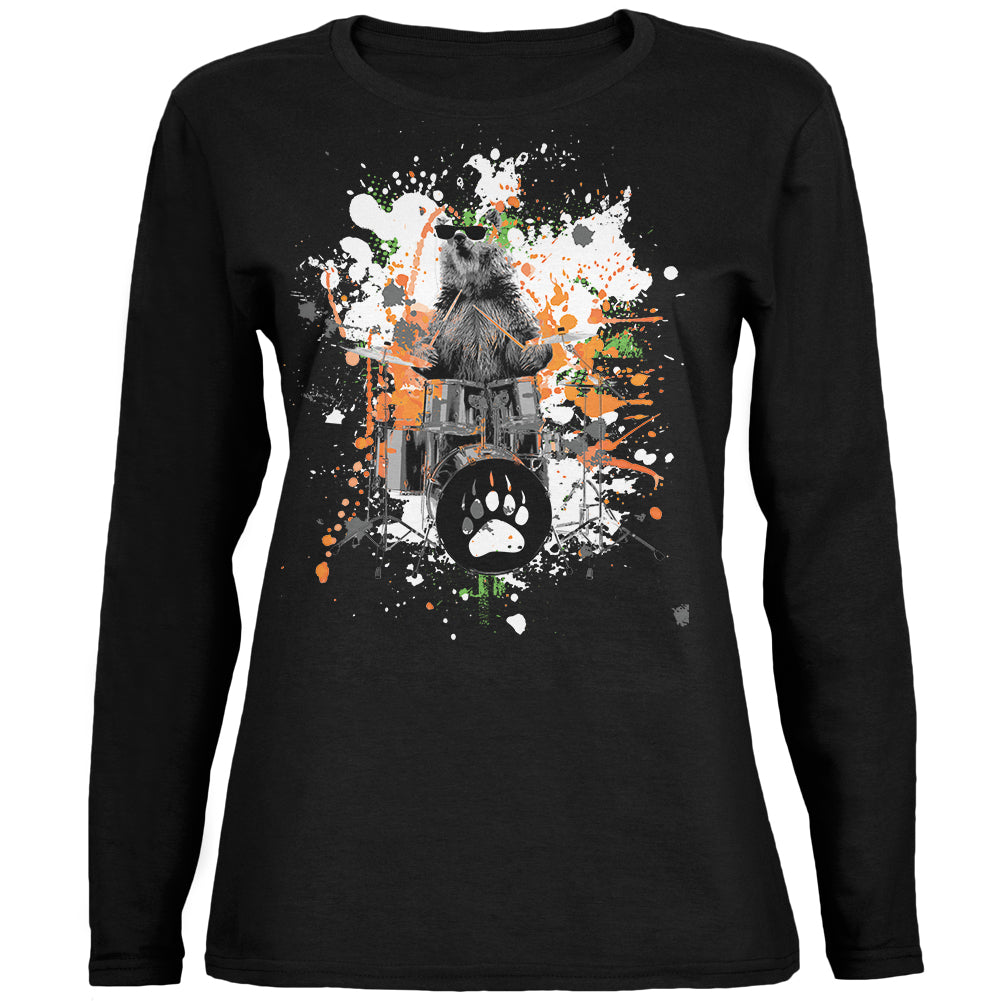 Bear Drummer Splatter Black Womens Long Sleeve T-Shirt Long Sleeve T-Shirts Old Glory 2XL Black