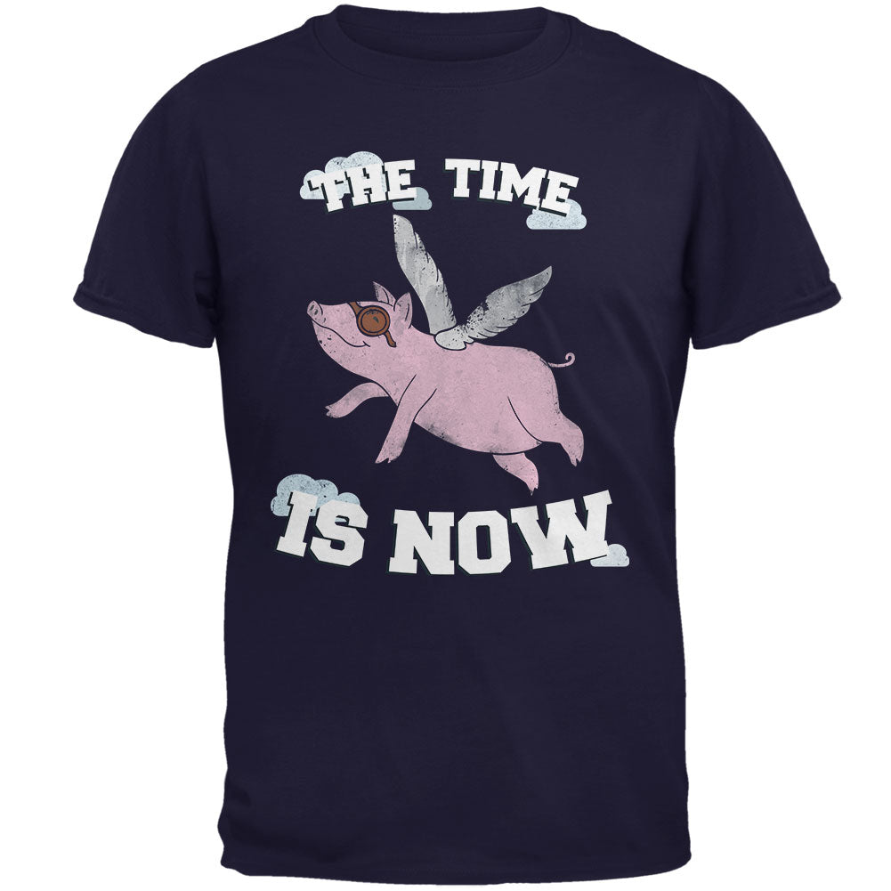 When Pigs Fly The Time Is Now Navy Adult T-Shirt Men's T-Shirts Old Glory 2XL Dark Blue