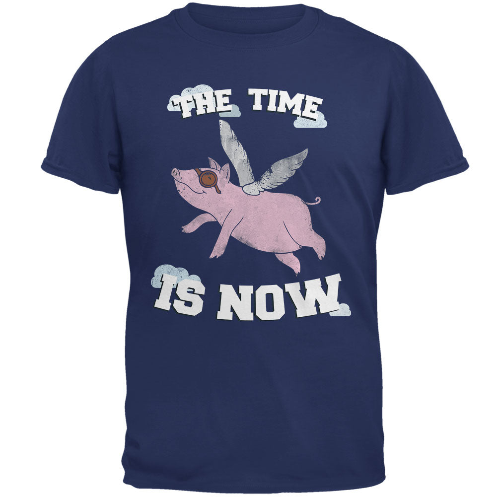When Pigs Fly The Time Is Now Metro Blue Adult T-Shirt Men's T-Shirts Old Glory 2XL Blue