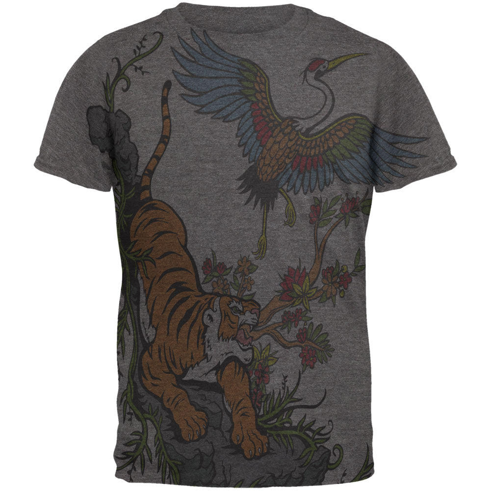 The Tiger and Crane All Over Dark Heather Soft Adult T-Shirt Men's T-Shirts Old Glory 2XL Grey