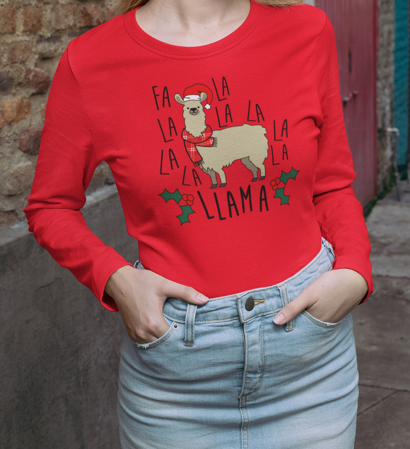 Christmas Fa La Llama Womens Long Sleeve T Shirt - MD / Red  Old Glory   