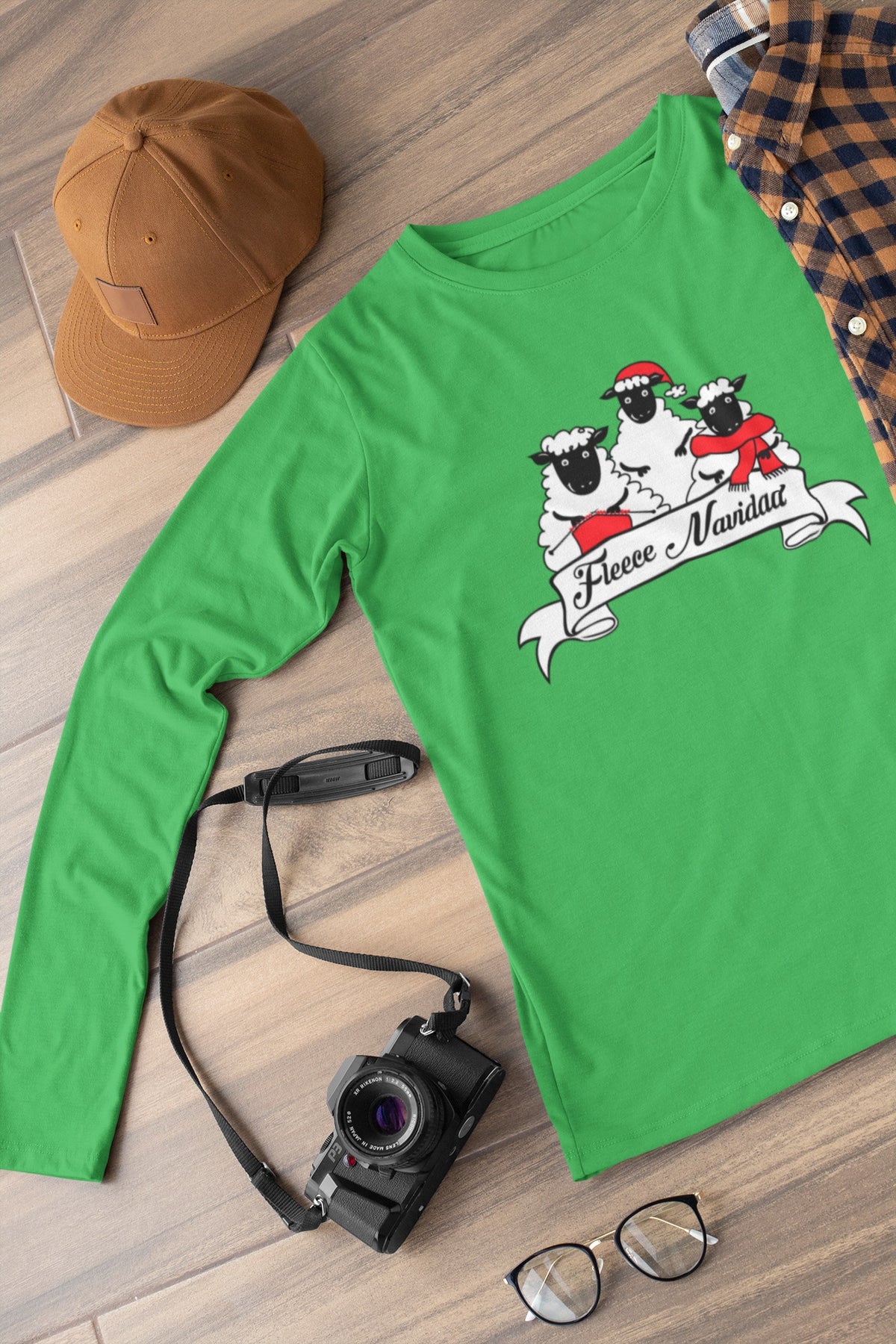 Christmas Sheep Feliz Fleece Navidad Womens Long Sleeve T Shirt - LG / Green  Old Glory   