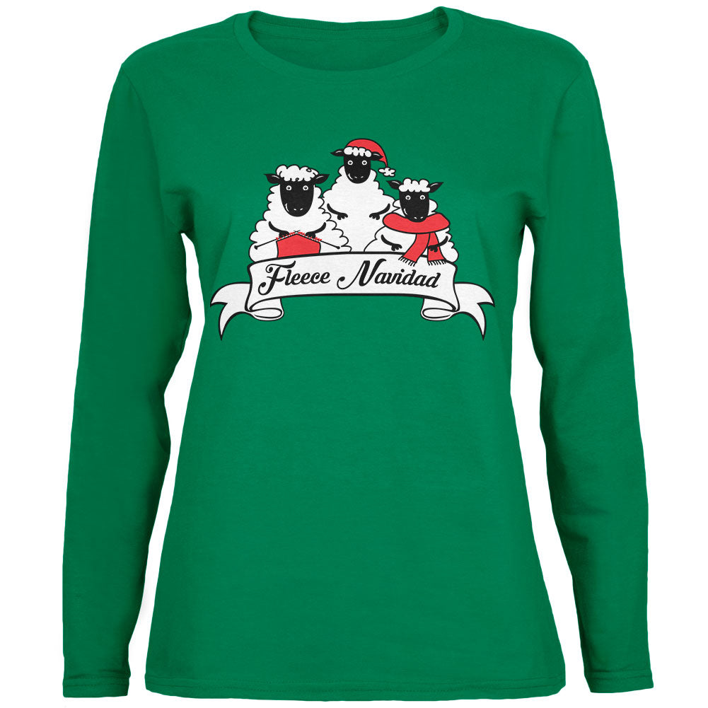 Christmas Sheep Feliz Fleece Navidad Womens Long Sleeve T Shirt - LG / Green  Old Glory   