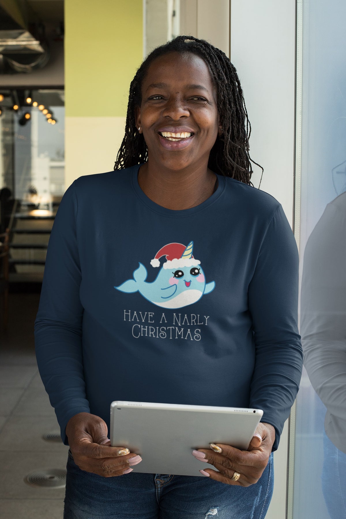 Narwhal Have a Narly Gnarly Christmas Womens Long Sleeve T Shirt Navy X-LG  Old Glory   