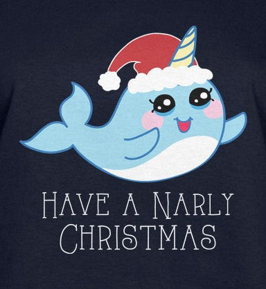 Narwhal Have a Narly Gnarly Christmas Womens Long Sleeve T Shirt Navy X-LG  Old Glory   