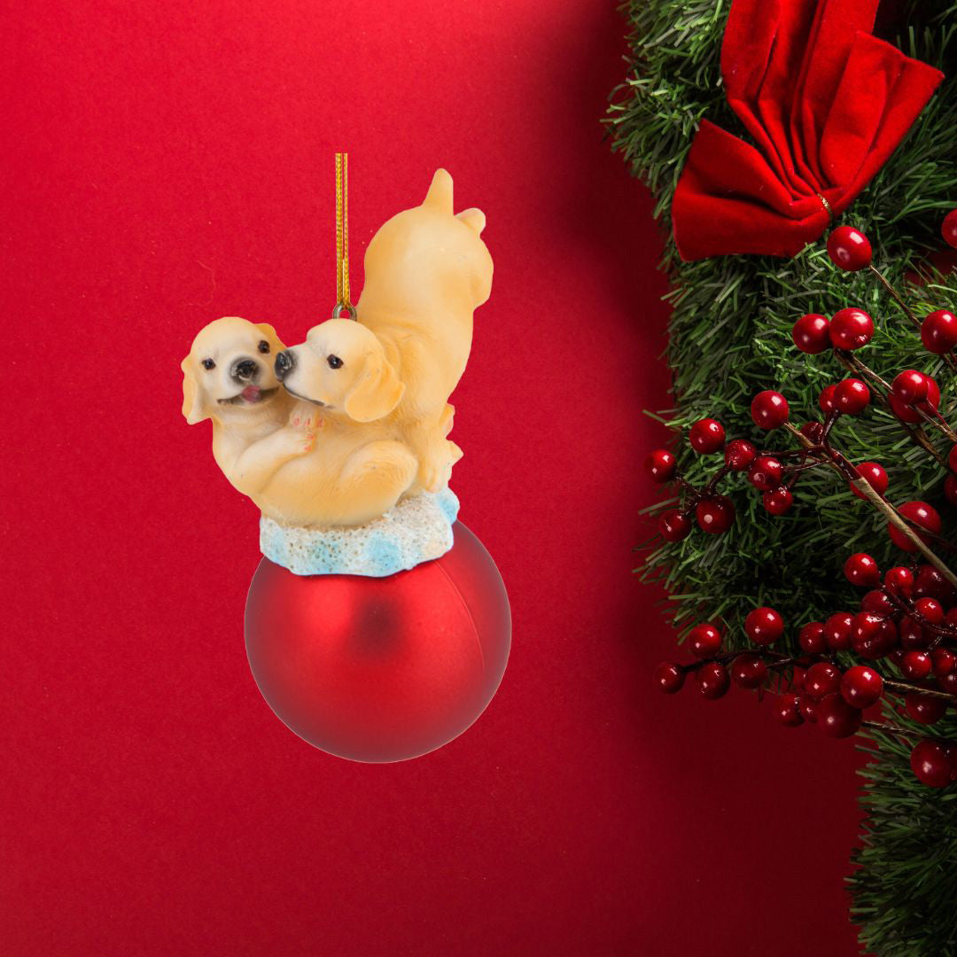 Puppies On Red Ball Christmas Ornament 3 Pack - OS / Multi Ornaments Old Glory   