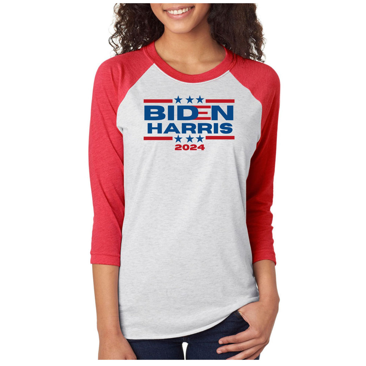 Election 2024 Biden Harris 2024 Triple Stars Womens Raglan Baseball Tee Women's Raglan Oldglory.com SM Heather-Red 