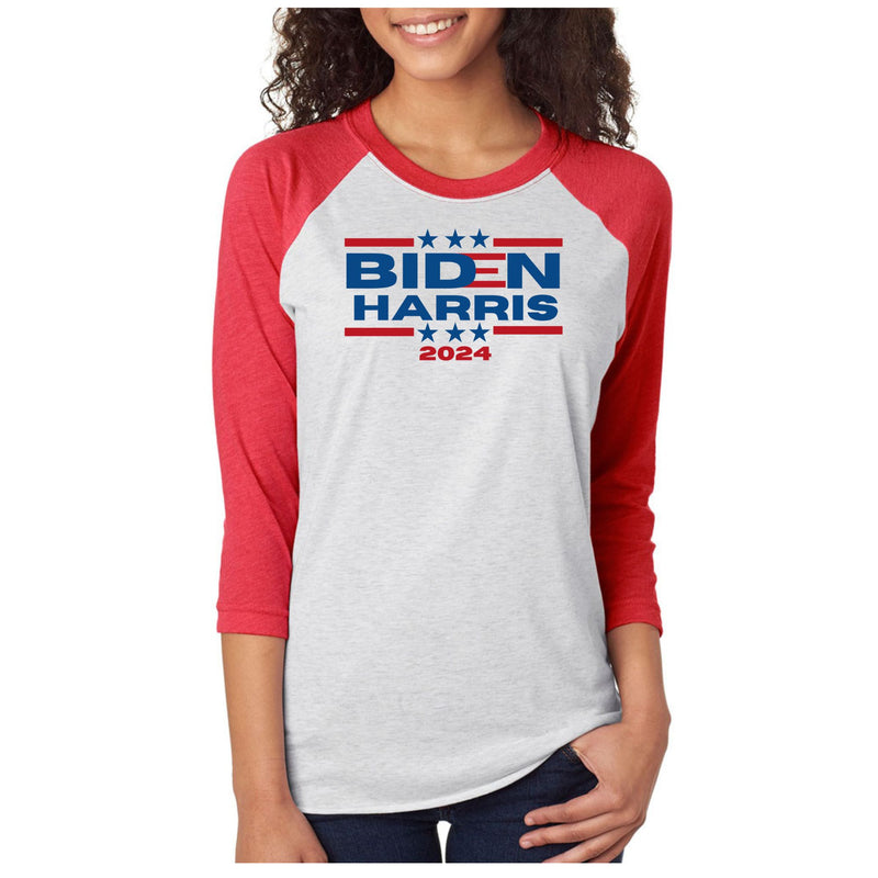 Election 2024 Biden Harris 2024 Triple Stars Womens Raglan Baseball Tee Women's Raglan Oldglory.com SM Heather-Red 