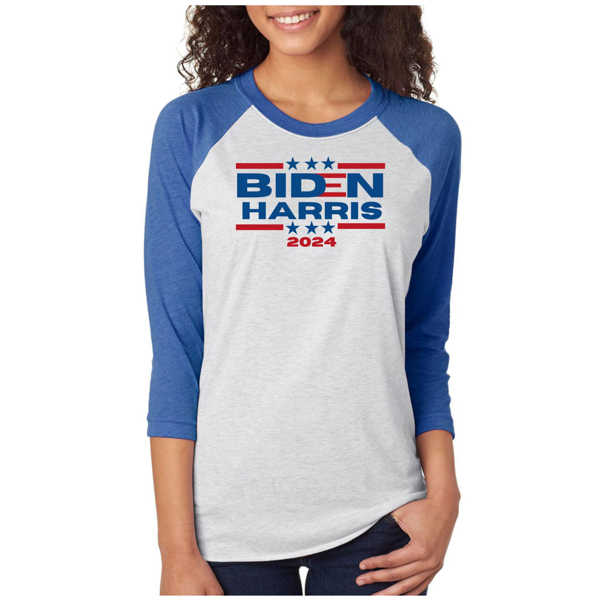 Election 2024 Biden Harris 2024 Triple Stars Womens Raglan Baseball Tee Women's Raglan Oldglory.com MD Heather-Royal 