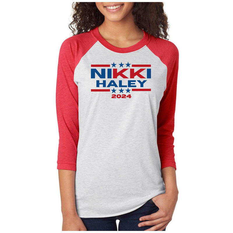 Election 2024 Nikki Haley 2024 Triple Stars Womens Raglan Baseball Tee Women's Raglan Oldglory.com SM Heather-Red 