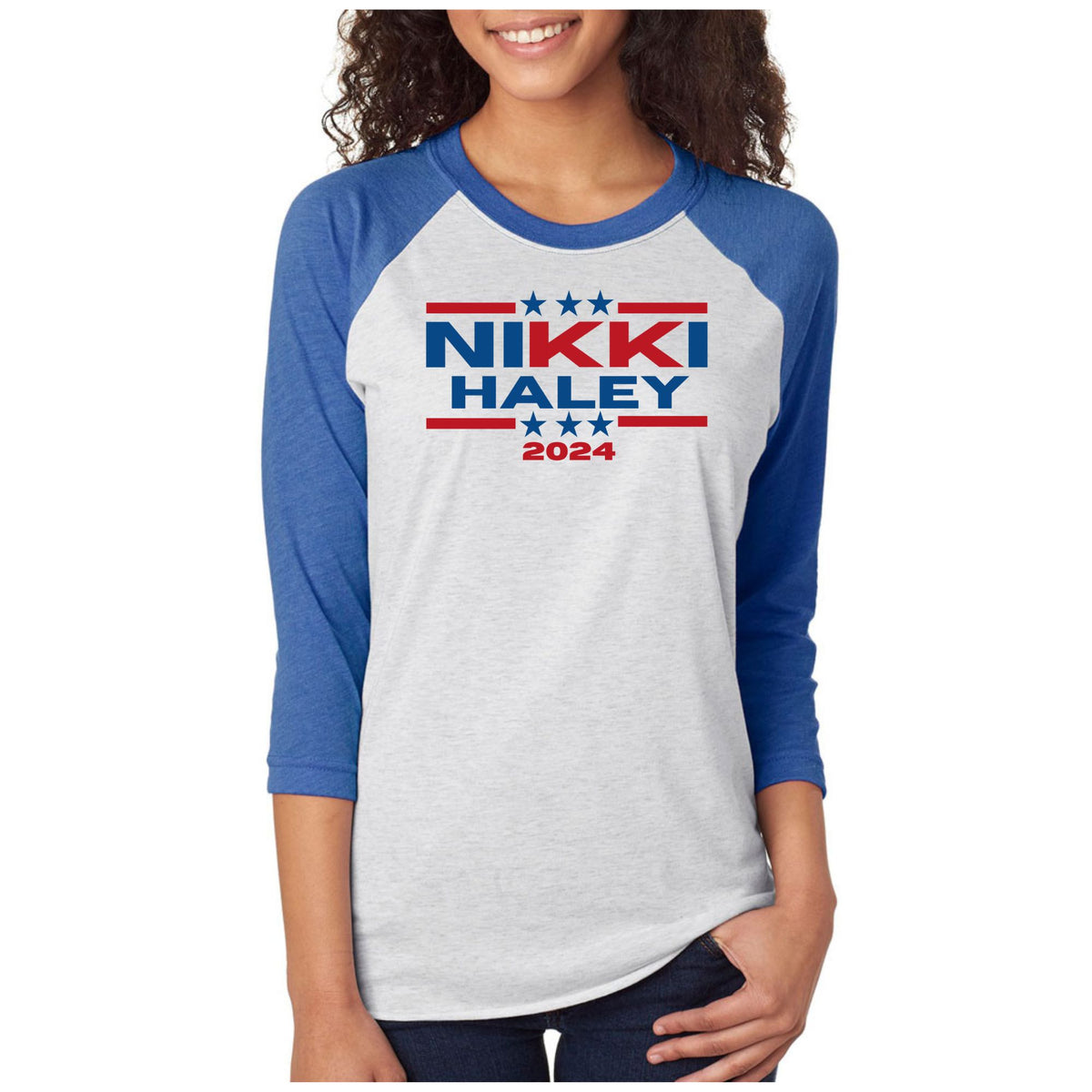 Election 2024 Nikki Haley 2024 Triple Stars Womens Raglan Baseball Tee Women's Raglan Oldglory.com SM Heather-Royal 