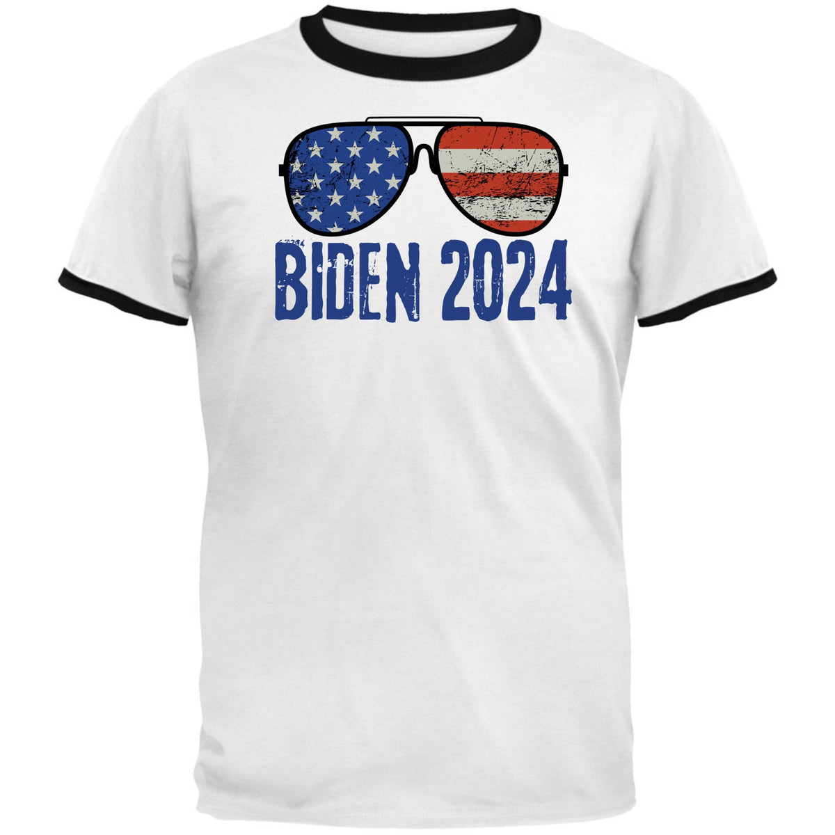 Election 2024 Biden USA Patriotic Aviator Glasses Mens Ringer T Shirt Men's T-Shirts Oldglory.com SM White-Black 