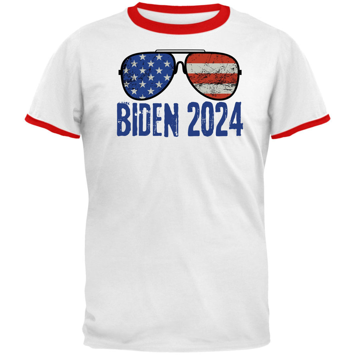 Election 2024 Biden USA Patriotic Aviator Glasses Mens Ringer T Shirt Men's T-Shirts Oldglory.com SM White -Red 