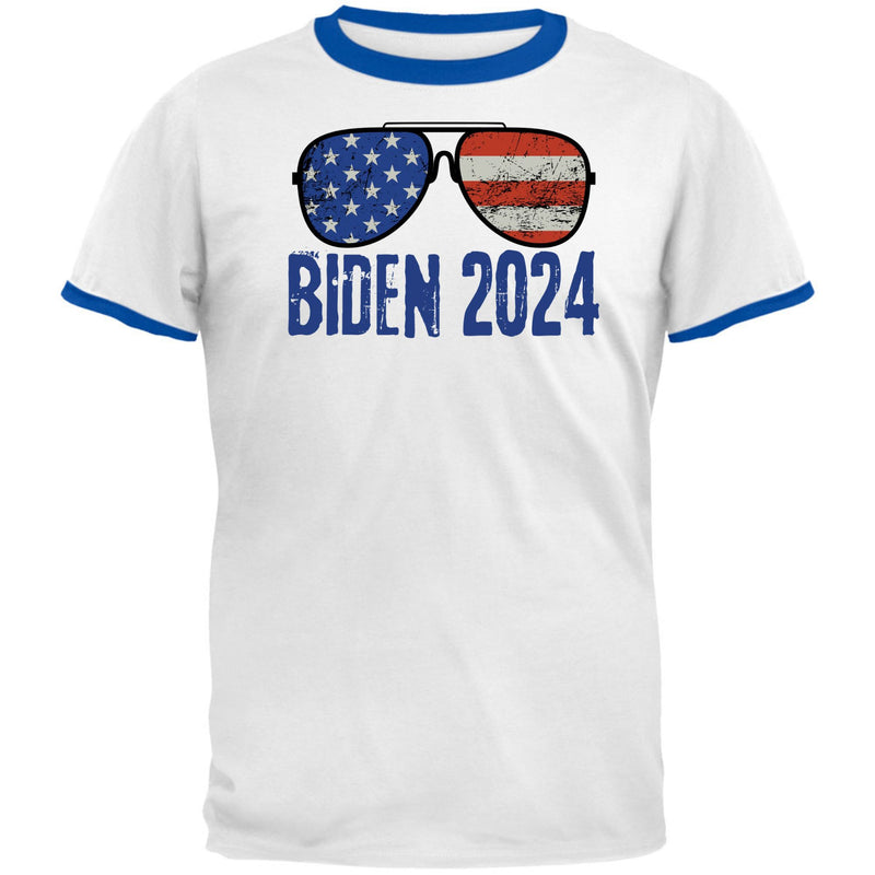 Election 2024 Biden USA Patriotic Aviator Glasses Mens Ringer T Shirt Men's T-Shirts Oldglory.com SM White -Royal 