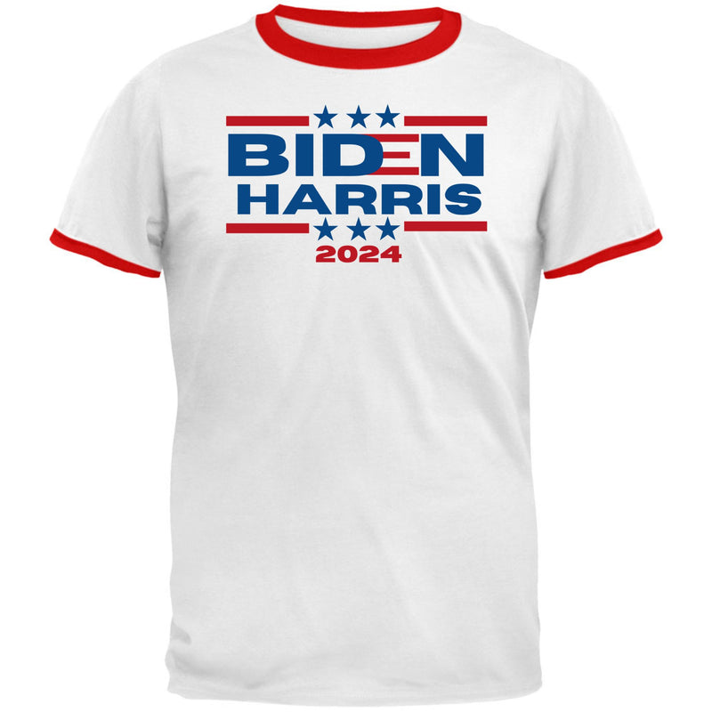 Election 2024 Biden Harris 2024 Triple Stars Mens Ringer T Shirt Men's T-Shirts Oldglory.com SM White -Red 