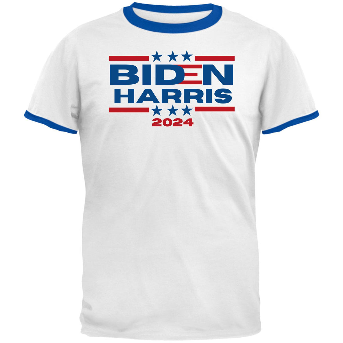 Election 2024 Biden Harris 2024 Triple Stars Mens Ringer T Shirt Men's T-Shirts Oldglory.com SM White -Royal 