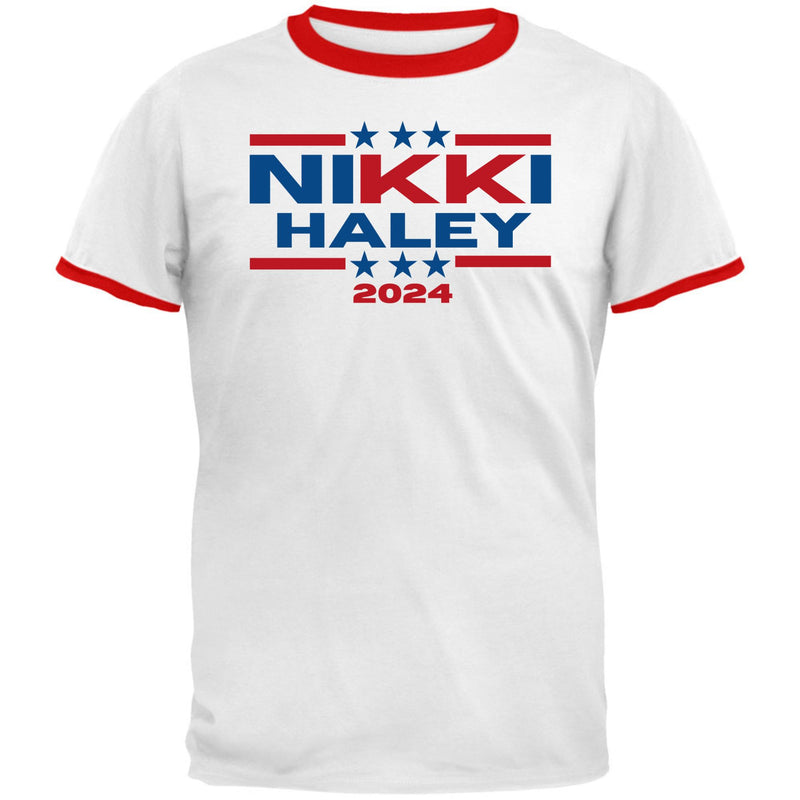 Election 2024 Nikki Haley 2024 Triple Stars Mens Ringer T Shirt Men's T-Shirts Oldglory.com SM White -Red 