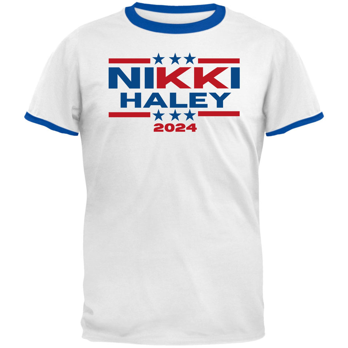 Election 2024 Nikki Haley 2024 Triple Stars Mens Ringer T Shirt Men's T-Shirts Oldglory.com SM White -Royal 