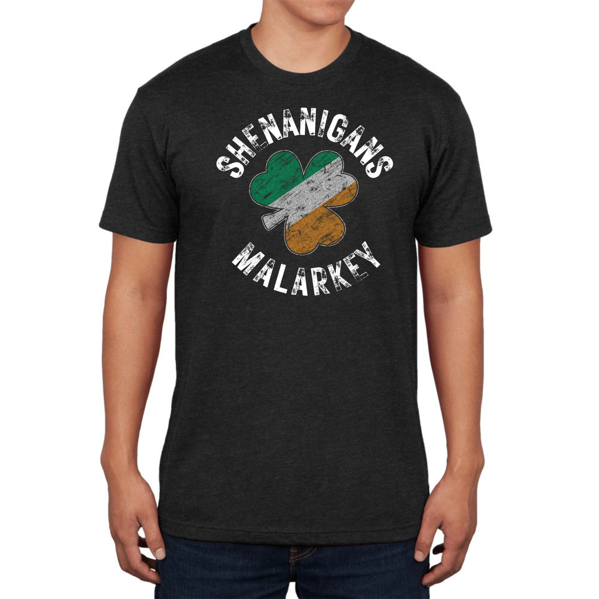 St Patricks Day Shenanigans Malarkey Distressed Irish Flag Clover Mens Tri-Blend T Shirt Men's T-Shirts Oldglory.com SM Vintage Black 