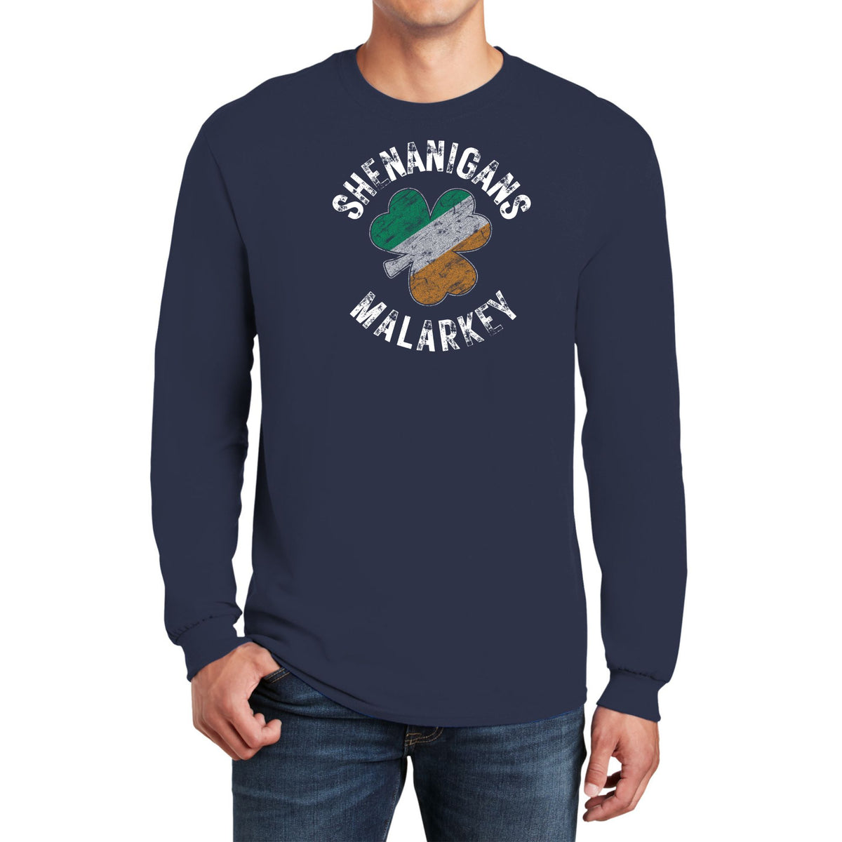 St Patricks Day Shenanigans Malarkey Distressed Irish Flag Clover Mens Long Sleeve T Shirt Men's Long Sleeves Oldglory.com SM Navy 