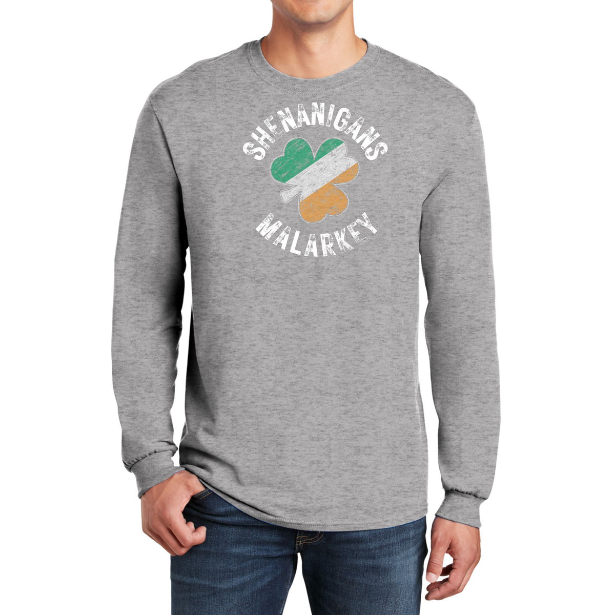 St Patricks Day Shenanigans Malarkey Distressed Irish Flag Clover Mens Long Sleeve T Shirt Men's Long Sleeves Oldglory.com SM Heather Grey 