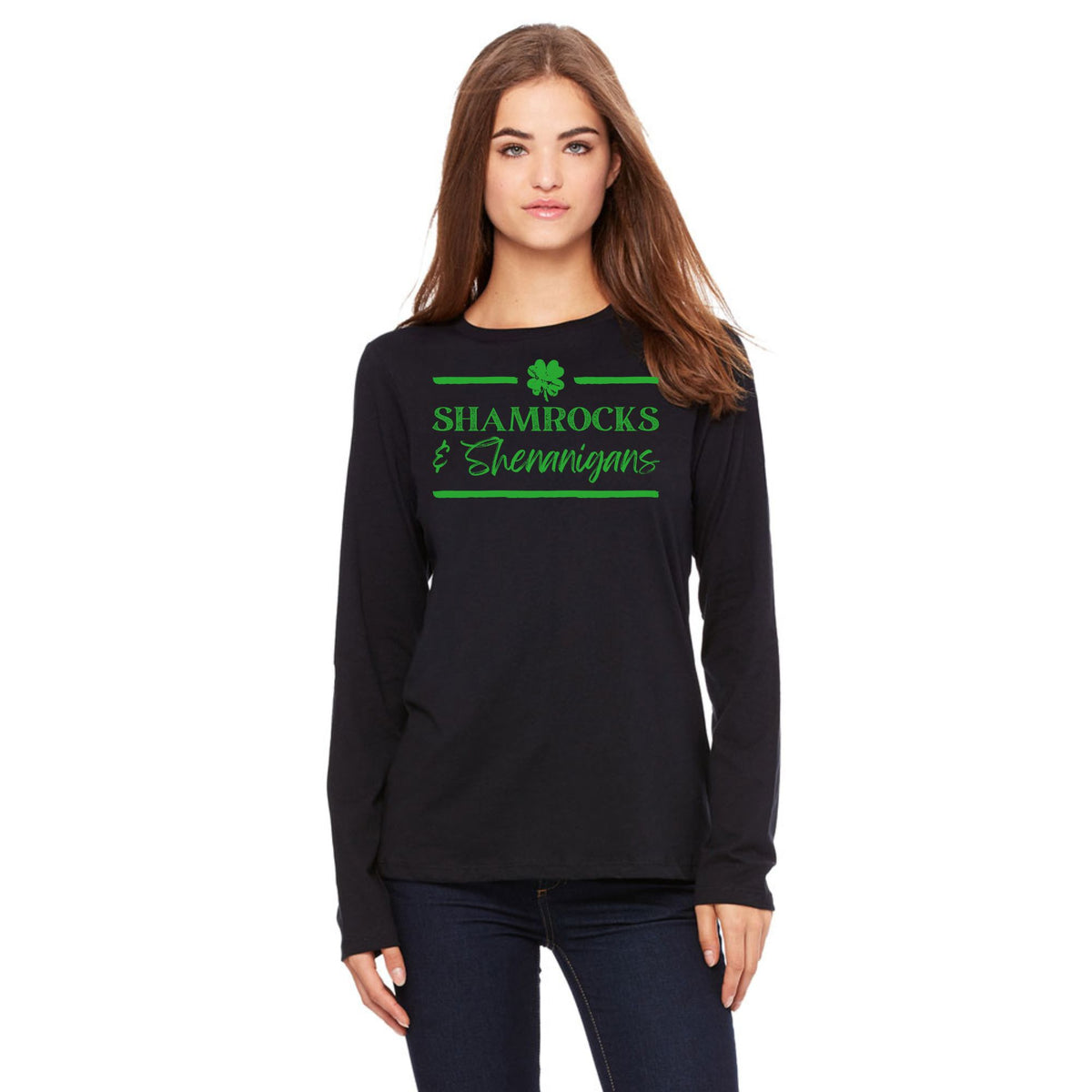 St Patricks Day Shamrock and Shenanigans Womens Long Sleeve T Shirt Women's Long Sleeves Oldglory.com SM Black 