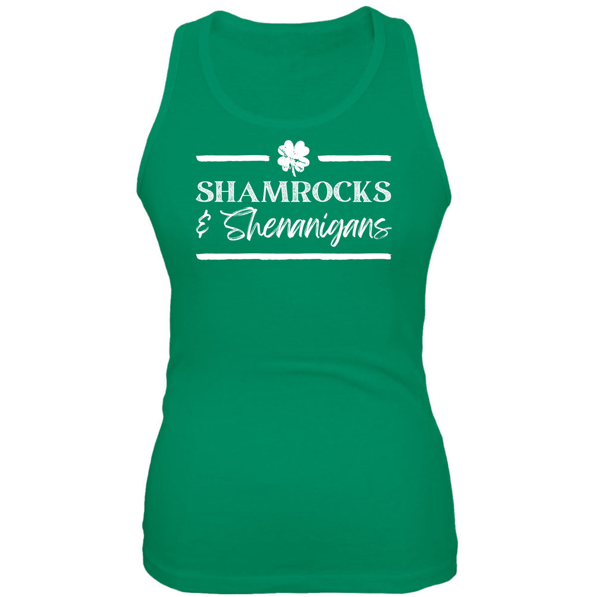 St Patricks Day Shamrock and Shenanigans Juniors Soft Tank Top Juniors Tank Tops Oldglory.com SM Kelly Green 