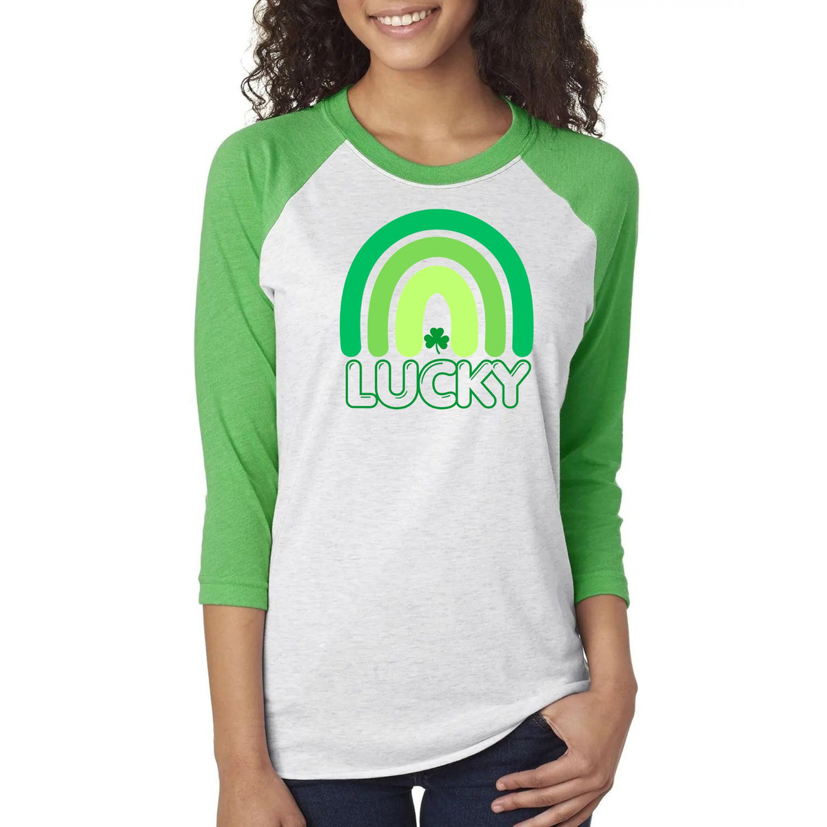 St Patricks Day Lucky Shamrock Rainbow Unisex Raglan Baseball Tee Men's Raglans Oldglory.com SM Heather Grey-Green 