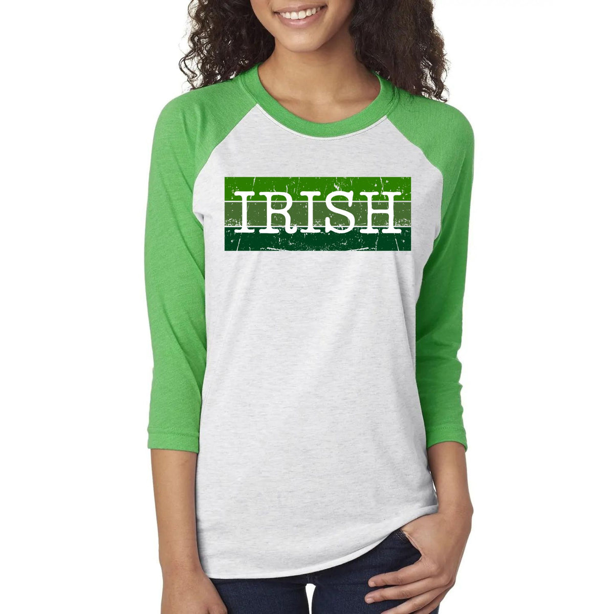 St Patricks Day Distressed Irish Typeset Unisex Raglan Baseball Tee Men's Raglans Oldglory.com SM Heather Grey-Green 