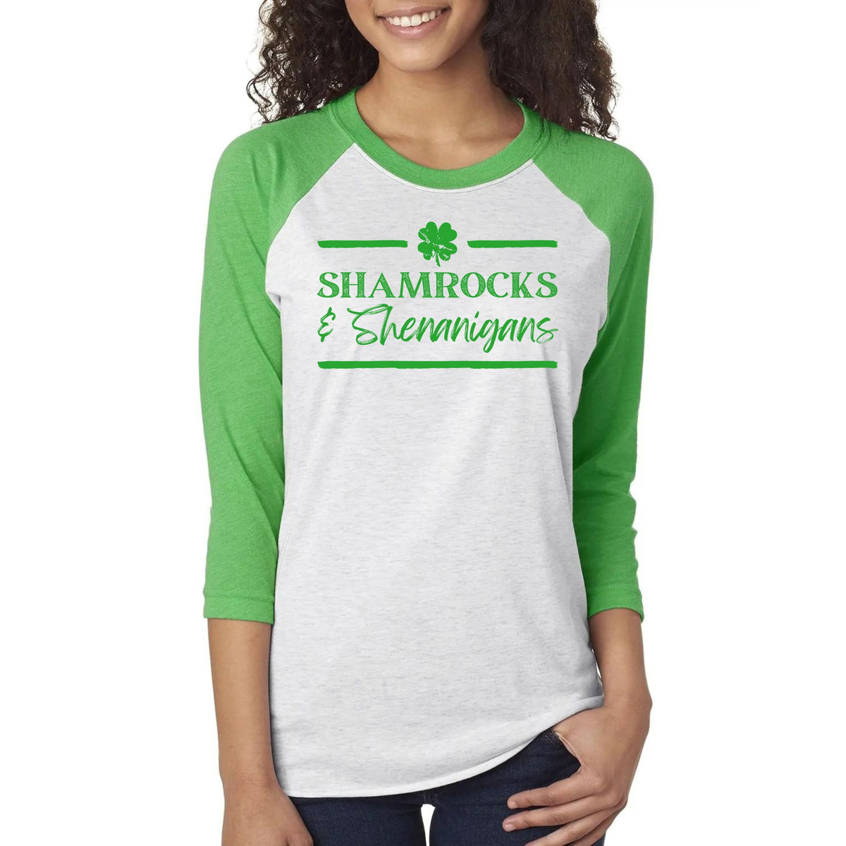 St Patricks Day Shamrock and Shenanigans Unisex Raglan Baseball Tee Men's Raglans Oldglory.com SM Heather Grey-Green 