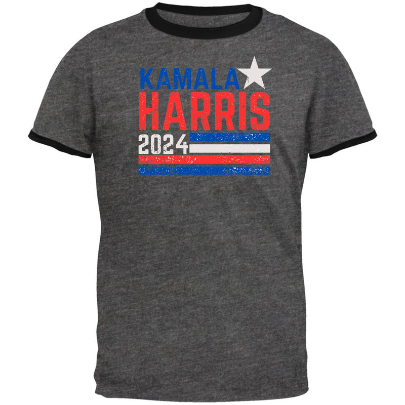 Election 2024 Kamala Harris Distressed Splattered Paint Flag Mens Ringer T Shirt Men's T-Shirts Oldglory.com SM Dark Grey-Black 