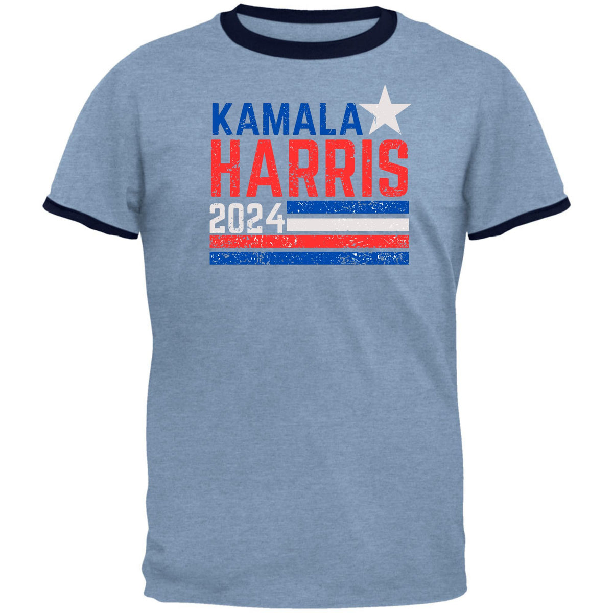 Election 2024 Kamala Harris Distressed Splattered Paint Flag Mens Ringer T Shirt Men's T-Shirts Oldglory.com SM Light Blue-Navy 