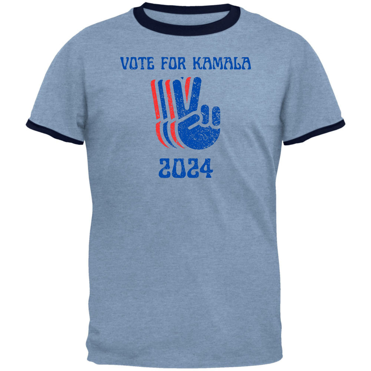 Election 2024 Kamala Harris Patriotic Peace Hands Vote For Kamala Mens Ringer T Shirt Men's T-Shirts Oldglory.com SM Light Blue-Navy 