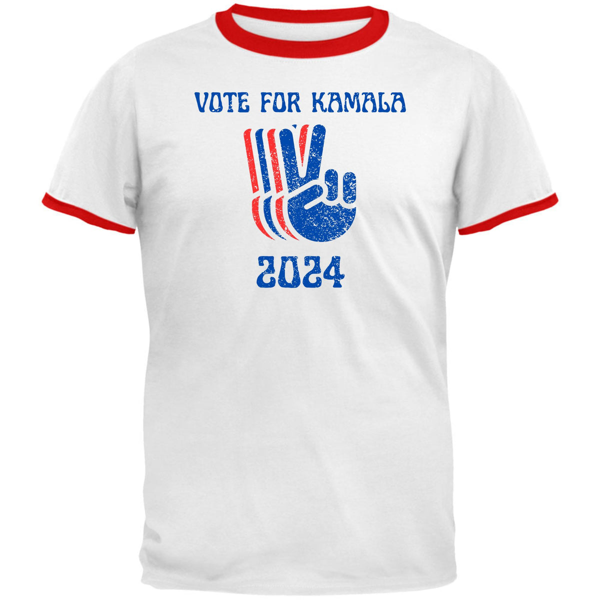 Election 2024 Kamala Harris Patriotic Peace Hands Vote For Kamala Mens Ringer T Shirt Men's T-Shirts Oldglory.com SM White-Red 