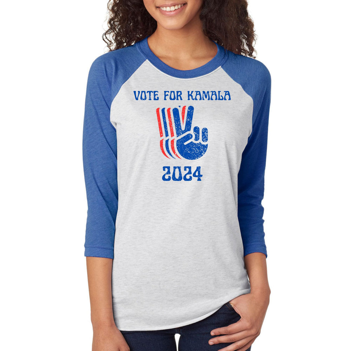 Election 2024 Kamala Harris Patriotic Peace Hands Vote For Kamala Raglan Baseball Tee Men's Raglans Oldglory.com SM White-Royal 